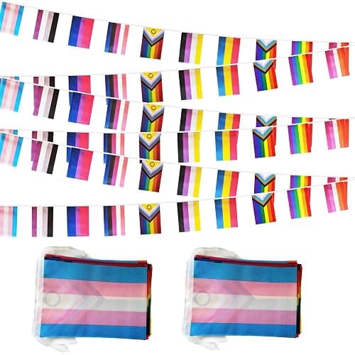 60 All Pride Rainbow Gay String Flag, 66 ft Progress Rainbow Gay Pride Flag Bunting Banner,LGBTQ Flag Banner Decoration for Sports Events, Grand Opening, Party - Image 1