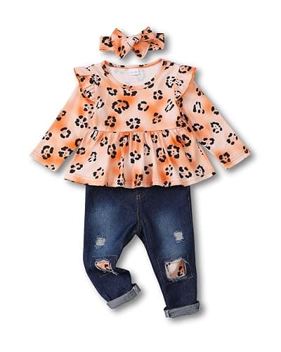XUANHAO Baby Girl Clothes 12 18 24 Months Outfits For Infant Toddler Denim Girls' Clothing Ruffle Top Ripped Jeans Pant Sets - Image 1