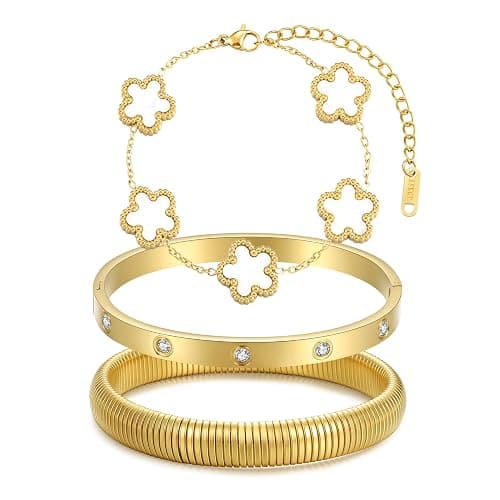 YOQ Stackable Four Leaf Clover Bracelets for Women, 18K Gold Plated Love Bangle Bracelets Set, 3 Pcs Chunky Jewelry Gifts - Image 1