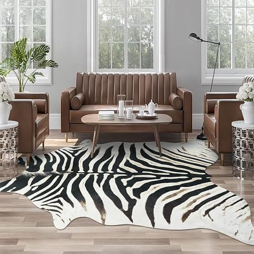 AROGAN Western Faux Zebra Rug, Sturdy Zebra Hide Rugs, Non-Slip 4.6x5.2 Ft | Premium Animal Skin Print Rug for Wall Decor, Western Floor Carpet for Bedroom Living Room, Black and White - Image 1