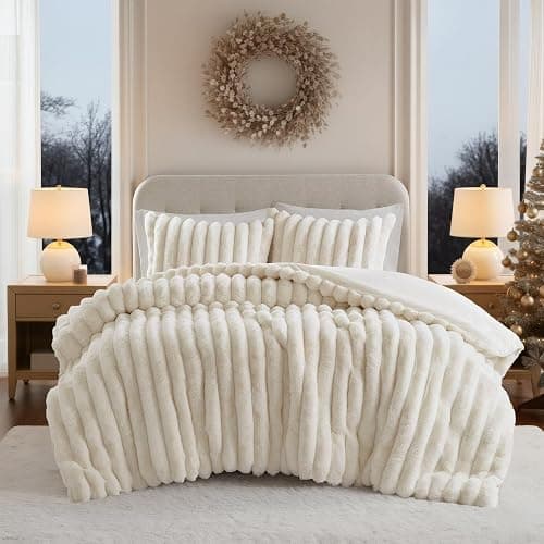 Madison Park Queen Comforter Set Reversible Faux-Fur Plush Comforters for Queen Size Bed, All Season Luxurious Ribbed Velvet Comforters Queen Size Bedding Set, Jasmine, Full/Queen, Ivory 3 Piece - Image 1