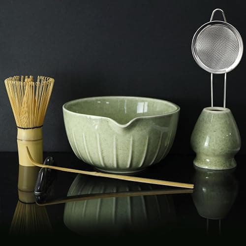 Matcha Whisk Set 7 Pcs - Ceramic Matcha Set with Bowl, Whisk, Holder, Bamboo Scoop, Rest, Sifter, and Tea Towel – Elegant Matcha Kit Gift for Women - Image 1