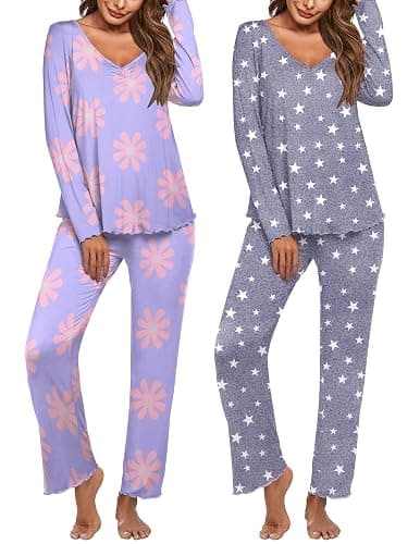 Ekouaer Womens 2 Pack Pajama Set Long Sleeve Pajamas Top and Pants V Neck Pjs Set Soft Sleepwear Loungewear - Image 1