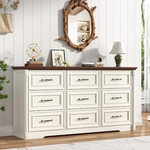 Farmhouse Wood 9 Drawer Dresser for Bedroom,Embossed Roman Column Wood Rustic 63 Inch Wide Dresser & Chest of Drawers with Rustic Handles,Tall Storage Organizer for Bedroom(Antique White) - Image 1