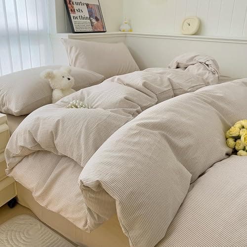 mixinni Tan Striped Duvet Cover Twin XL Size - 100% Washed Cotton Beige Pinstripe Comforter Cover with Zipper Closure, Lightweight & Breathable, 3 Pieces Minimalist Stripes Pattern Printed Bedding Set - Image 1