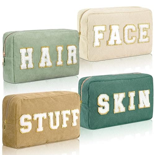 Pinkunn 4 Pcs Preppy Makeup Bags Chenille Letter Travel Organizer Face Skin Hair Stuff Corduroy Cosmetic Hygiene Toiletry Pouch with Zipper Wedding Birthday Gifts for Women(Sage Green Series Color) - Image 1