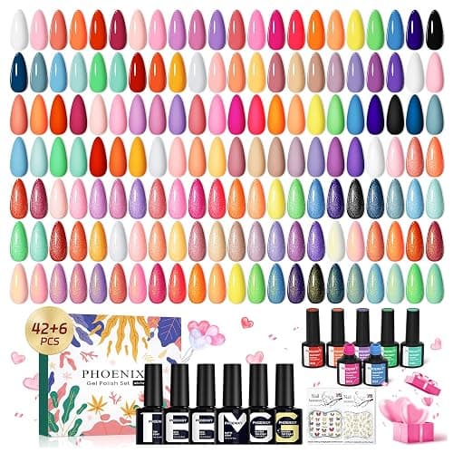 phoenixy 50 Pcs Gel Nail Polish Set, 42 Colors Gel Nail Polish Kit with Base & Glossy Matte Glitter Top Coat Pink Red Purple Blue White Nail Polish Starter Set Gifts for Women Girls - Image 1