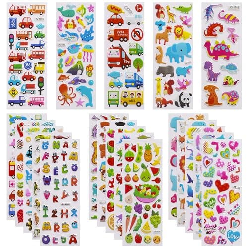 Meafeng 3D Stickers for Kids & Toddlers 24 Sheets 550+ Puffy Stickers Variety Pack with Animals, Numbers, Fruits, Fish, Dinosaurs, Cars & More for Scrapbooking, Bullet Journals & Crafts - Image 1
