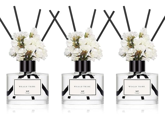 Real Flower Reed Diffuser Set of 3 for Bathroom Air Fresheners, Oil Defusers | Fresh Linen/Ocean/Eucalyptus & Mint Scent(1.7 fl oz Each Pack) Home Fragrance with 12 Stick | Shelf Decor - Fresh Linen/Ocean/Eucalyptus & Mint | My Wishlist - Image 1