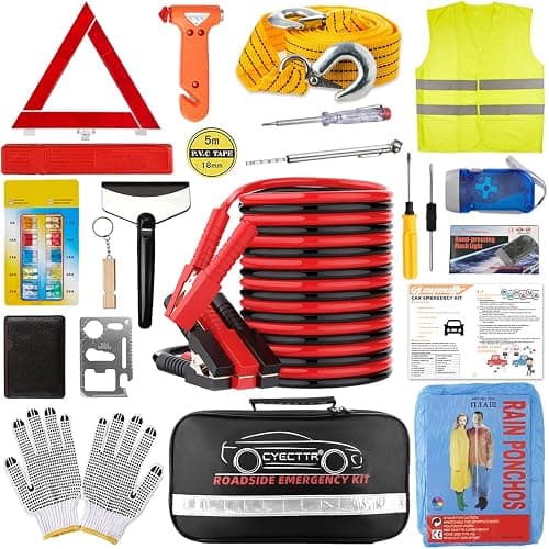 CYECTTR Car Roadside Emergency Kit,Auto Vehicle Truck Safety Emergency Road Side Assistance Kits with Jumper Cables,Safety Hammer,Reflective Warning Triangle,Tire Pressure Gauge,Tow Rope,etc - Image 1