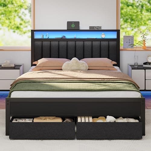 Furnulem Queen Bed Frame with Charging Station and LED Lights, Grey Upholstered Headboard with Shelves, Metal Platform Bed with 2 Under-Bed Storage (Fabric Drawer on Wheels), No Box Spring Needed - Image 1