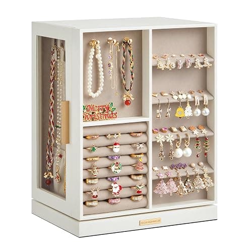 SONGMICS Jewelry Box 360° Rotating, Jewelry Storage Case with 5 Drawers, Jewelry Organizer, Glass Window, Spacious, Vertical Jewelry Storage, Open Design, Christmas Gift, Cloud White UJBC170W01 - Image 1