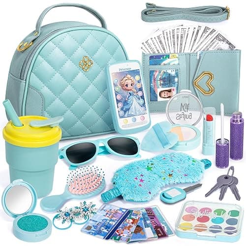 Play Purse for Little Girl, Princess Frozen Toy Purse with Accessories, Pretend Makeup Set, Handbag, Wallet, Water Bottle, Birthday Toy for Girl 3 4 5 6 7 8 Year Old - Image 1
