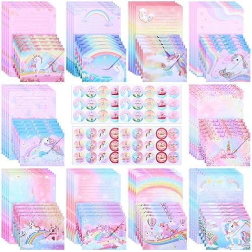 Outus 160 Pcs Rainbow Unicorn Stationary Set 50 Unicorn Writing Papers with 50 Envelopes and 60 Round Stickers Writing Stationery Paper Gift for Girls Kids Birthday Invitations School Mail Supplies - Image 1
