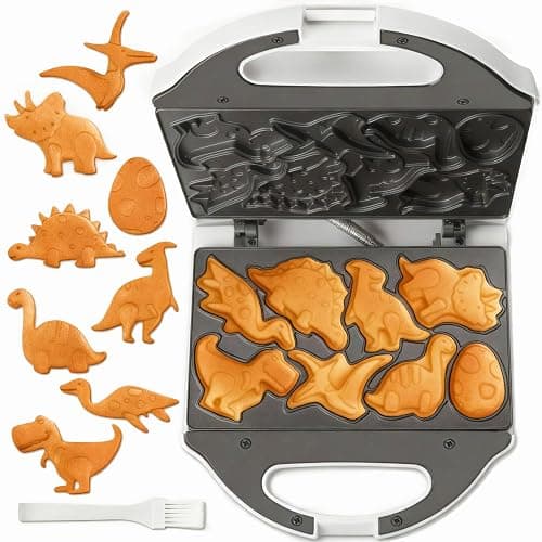 SugarWhisk Mini Piastra Waffle, Piastra Per Waffle, Mini Waffle Maker Con 8 Motivi Di Dinosauri, Amato Dai Bambini, Bianco - Image 1