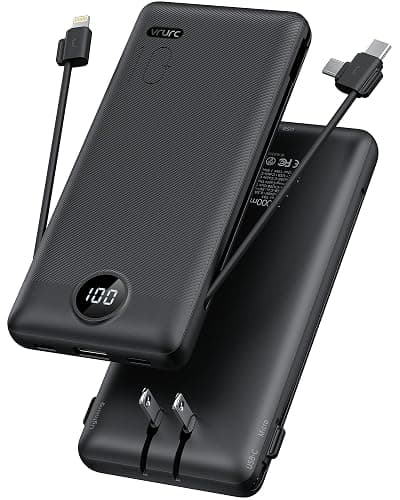 VRURC Portable Charger with Built-in Cables and AC Wall Plug, 10000mAh Power Bank USB C Phone Charger 5 Output 2 Input LED Display Ultra Slim External Battery Pack Compatible with Smart Devices-Black - Image 1