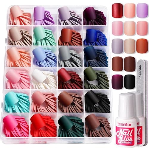 Teenitor Press on Nails Short,576pcs Matte Square Short Fake Nails with Nail Glue, Glue on Nails,24 Colors - Image 1