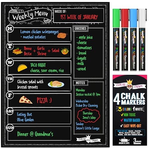 CHALKY CROWN Magnetic Dry Erase Menu Board for Fridge Includes 4 Liquid Chalk Markers - Weekly Meal Planner Blackboard, Grocery List & Notepad for Kitchen Refrigerator - Chalkboard Magnet 15.6" x11.6 - Image 1