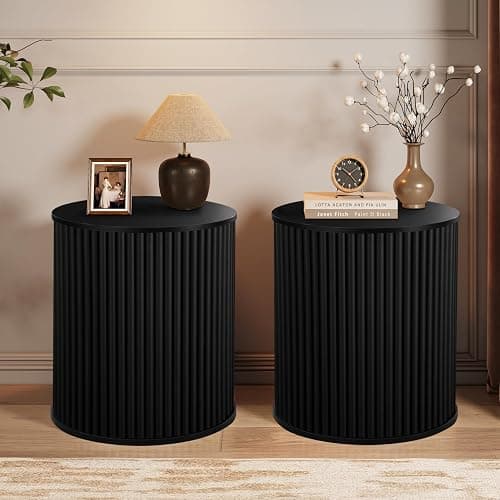 AVZEAR Small Round Side Table Fluted Night Stand Set of 2, Mid Century Modern End Table with Storage, Circle Bedside Tables Wood Nightstands for Small Spaces, Living Room, Bedroom (Black) - Image 1