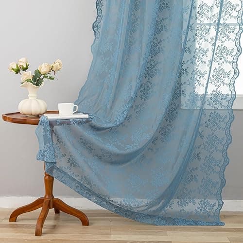 YJ YANJUN Vintage Lace Curtains 84 Inch Length-Dusty Blue Floral Sheer Curtains for Bedroom Living Room Hallway Doorways 2 Panels Set Beach Coastal Decor Rod Pocket W52 X L84 inch Stone Blue - Image 1