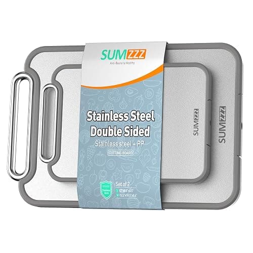 Sumzzz Stainless Steel Cutting Board for Kitchen, 2-in-1 Double-Sided Chopping Board, Food Grade Stainless Steel/PP (Silver, Set of 2(S+M)) - Image 1