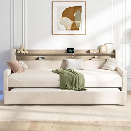 Jocisland Twin Daybed with Trundle, Upholstered Velvet Bed Frame with LED Night Light, Storage Headboard, USB Charging, Space-Saving for Bedroom, Living Room, Guest Room, No Box Spring, Cream - Image 1