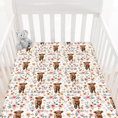 HawSkgFub Highland Cow Floral Boho Fitted Standard Crib Sheet for Baby Girl, Retro Western Farm Animal Yak Flower Toddler Mattress Cover, Soft Stretchy Nursery Bed Sheets Decor Kids Gift 52" x 28" - Image 1