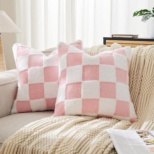 Ohocut Checkered Jacquard Shag Throw Pillow Covers, Pack of 2 Fluffy Pink Cute Decorative Girly Women Aesthetic Soft Checkered Throw Pillow Cases for Couch Sofa Bedroom,18x18 Inch - Image 1