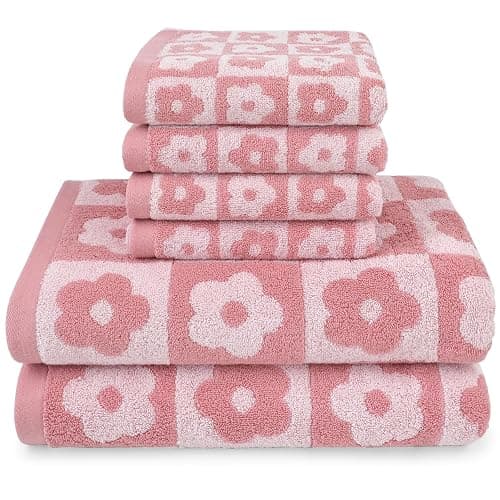 Jacquotha Pink Towel Sets - Cotton Checkered Floral Towels for Bathroom Kitchen Guest, Extra Soft & Quick Dry - Image 1