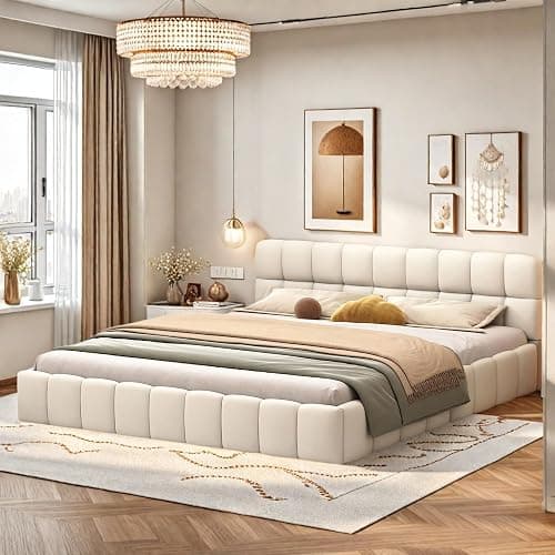 FEEOHOME Lit rembourré 140x190cm, Cadre de lit Double avec sommier à Lattes, lit Jeune à Bulles avec tête de lit rembourrée, Convient aux Matelas de 15-20cm, sans Matelas, Tissu en Lin - Image 1