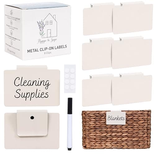 Hygge & Sage: Metal Non-Slip Basket Labels Clip On for Storage Bins, or Wire Racks | Includes 8 Labels, 8 Non-Slip Pads, and 1 Free Marker (Cream) - Image 1