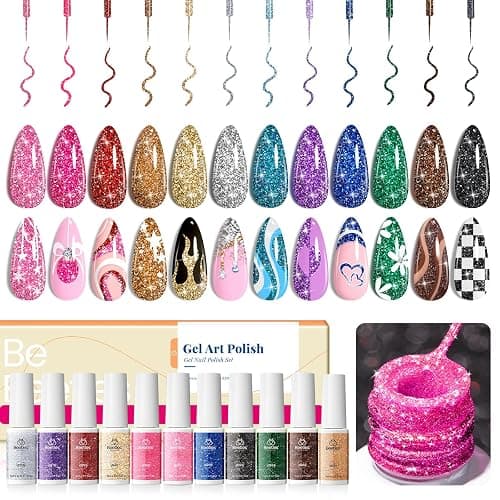 Beetles Nail Art Gel Liner Polish 12 Colors Reflective Glitter Gel Nail Polish, Gold Silver Pink Blue Purple Brown Black Kit Soak Off Uv Nail Art Design Set Summer Manicure Gifts for Women - Image 1