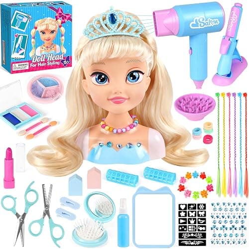 KUBUSFLY Hair Styling Doll Head Toys for Girls, Kids Makeup Hair Salon Pretend Play Styling Kit with Hairdryer, Curling Iron, Beauty Hair Stylist Toy Christmas Birthday Gift for Toddler Girls 3 4 5 6+ - Image 1