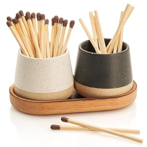 Decorative Ceramic Match Holder with Wooden Tray - Set of 2 Beautiful Matte Holders with Striker are an Upgrade to Any Home Decor - Enhance Your Living Room with Cute Jars - Matches Not Incl. - Image 1