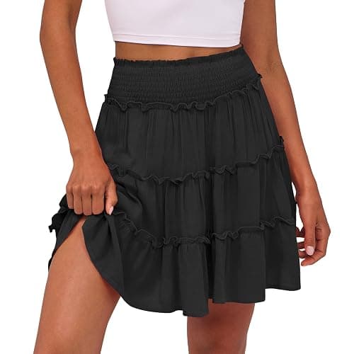 Caracilia Womens Summer Flowy Mini Skorts Skirts High Waist Ruffle Tiered Casual Cute Boho Beach Short Skirts Built-in Shorts - Black - Small - Image 1