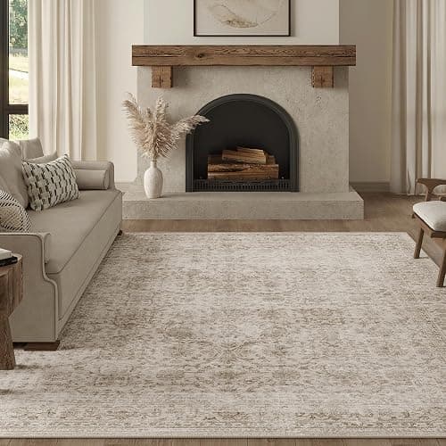 Fmfunctex 8x10 Washable Beige Neutral Vintage Large Living Room Area Rug | Non Slip Low Pile Soft Indoor Tapis Salon Throw Carpet Distressed Farmhouse Retro Floral Pattern Dining Room Bedroom Nursery - Image 1
