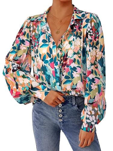 PRETTYGARDEN Womens Floral Blouses Dressy Casual Long Sleeve Fall Tops 2026 | V Neck, Button Down Shirts, Boho Tops, Chiffon Work Blouses, Business Casual Clothes, Vacation Teacher Outfits - Image 1