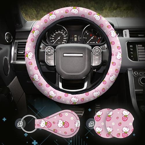 Kitty Accessories Car, Strawberry Pink Cat Wheel Cover, Y2K Car Accessories, Girly Steering Wheel Cover, Universal Fit 14.5-15 inch Auto SUV Vans Trucks, Anti-Slip and Sweat Absorption - Image 1