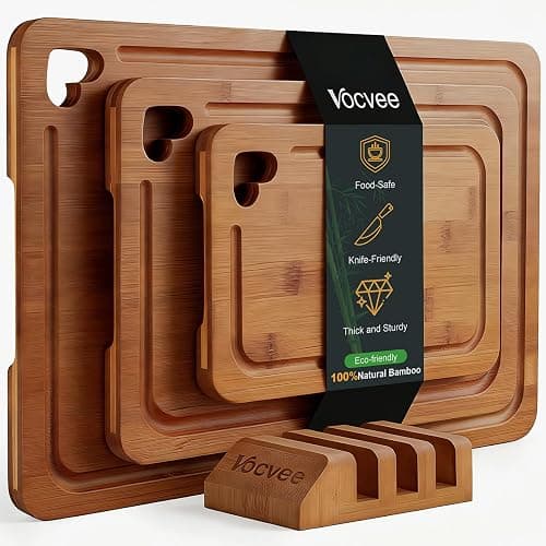 Vocvee Bamboo Cutting Boards for Kitchen(Set of 3), Wood Cutting Board with Wood Storage Stand, Charcuterie & Chopping Board for Vegetables and Meat, with Deep Juice Groove, Ideal Kitchen Gifts - Image 1