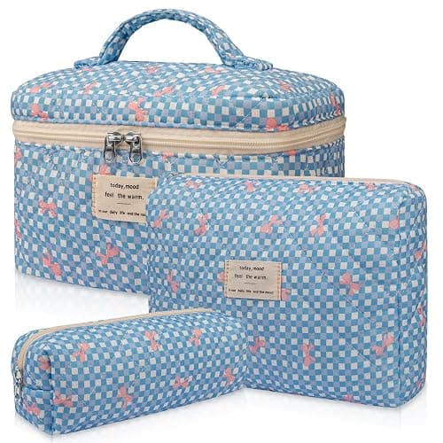 Gosect 3PC Makeup Bag Set, Cute Cosmetic Bag for Women Girls, Floral Coquette Aesthetic Toiletry Bag, Travel Make Up Organizer Bag(Blue Check) - Image 1
