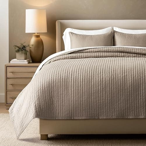 EVERGRACEHOME Cotton Sateen Quilt Set King Size, Pre-Washed Cotton Channel Stitch Coverlet Bedspread, 3 Pieces Lightweight Soft Bedding Sets for All Season, with 2 Pillow Shams, Stone Taupe - Image 1