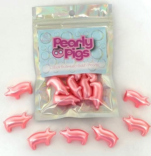 Pearly Pigs Lotus Scented Bath Pearls. Mix of 10 Pig Shaped Bath Pearls Full of Lotus Scented Bath Oil. Stocking Filler, Pig Themed Gift, Retro Gift - Image 1