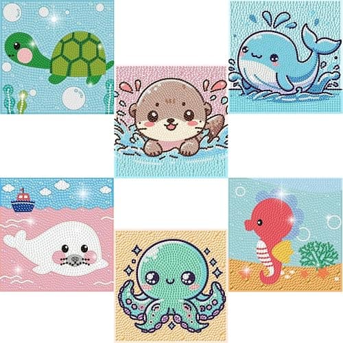 6 Pack Small Diamond Painting Kits for Kids Beginners, 5D Gem Art by Number for Children Ages 6-8-12,Cute Animal Turtles Fun DIY Dot Painting Set,Home Wall Decor 6x6 Inch - Image 1