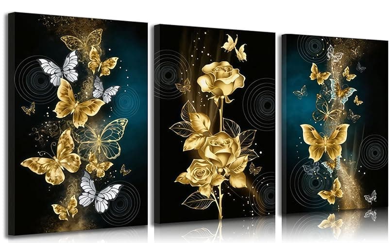 3pcs Abstract Gold Butterfly Canvas Wall Art Gold Butterfly And Rose Wall Decor Pictures Modern Luxury Flowers Posters Prints Painting for Living Room Bedroom Home Decoration Prepare To Hang - cavans - 16L" x 12W" - Image 1