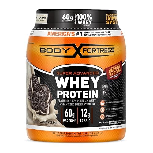 Body Fortress Super Advanced Whey Protein Powder, Cookies N’ Creme, 60g Protein & 12g BCAAs Per 2 Scoops, Muscle Gain & Recovery, Immune Support with Vitamins C & D, 1.78lbs (Packaging May Vary) - Image 1