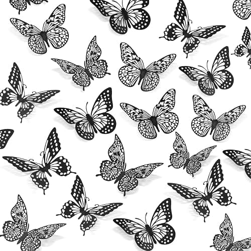 SAOROPEB 3D Butterfly Wall Decor - 48 Pcs, 4 Styles, 3 Sizes - Gold Butterfly Decorations for Birthday and Party Cake Decorations - Removable Stickers (Black) - Image 1