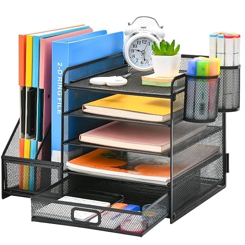 Marbrasse Desk Organizer with File Holder, 5-Tier Paper Letter Tray Organizer with Drawer and 2 Pen Holder, Mesh Desktop Organizer and Storage with Magazine Holder for Office Supplies(Black) - Black - Image 1