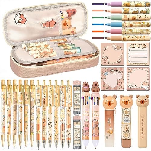 Capybara Stationery Set,Cute Capybara School Supplies,Kawaii Stationery Birthday Gifts,Includes Ballpoint Pens,Eraser, Mechanical Pencils,Correction Tape,Gel Pens,Scissors,for Office School Supplies - Image 1