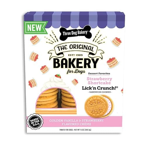 Three Dog Bakery Lick’n Crunch! Strawberry Shortcake Dog Treats, Crunchy Sandwich Cookies with Real Strawberries & Vanilla Cream Filling, 13 oz - Image 1