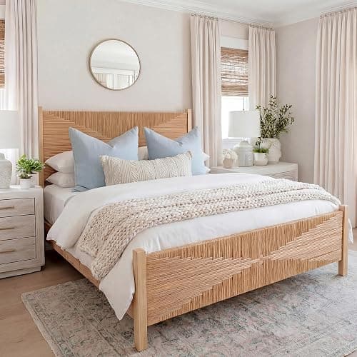 Yechen Solid Wood Rattan Queen Bed Frame with Tall Headboard and Footboard, Mid Century Modern Hand-Woven Rattan Bedframe with Vintage Pattern, Boho Wooden Bed with Metal Slats, No Box Spring Needed - Image 1